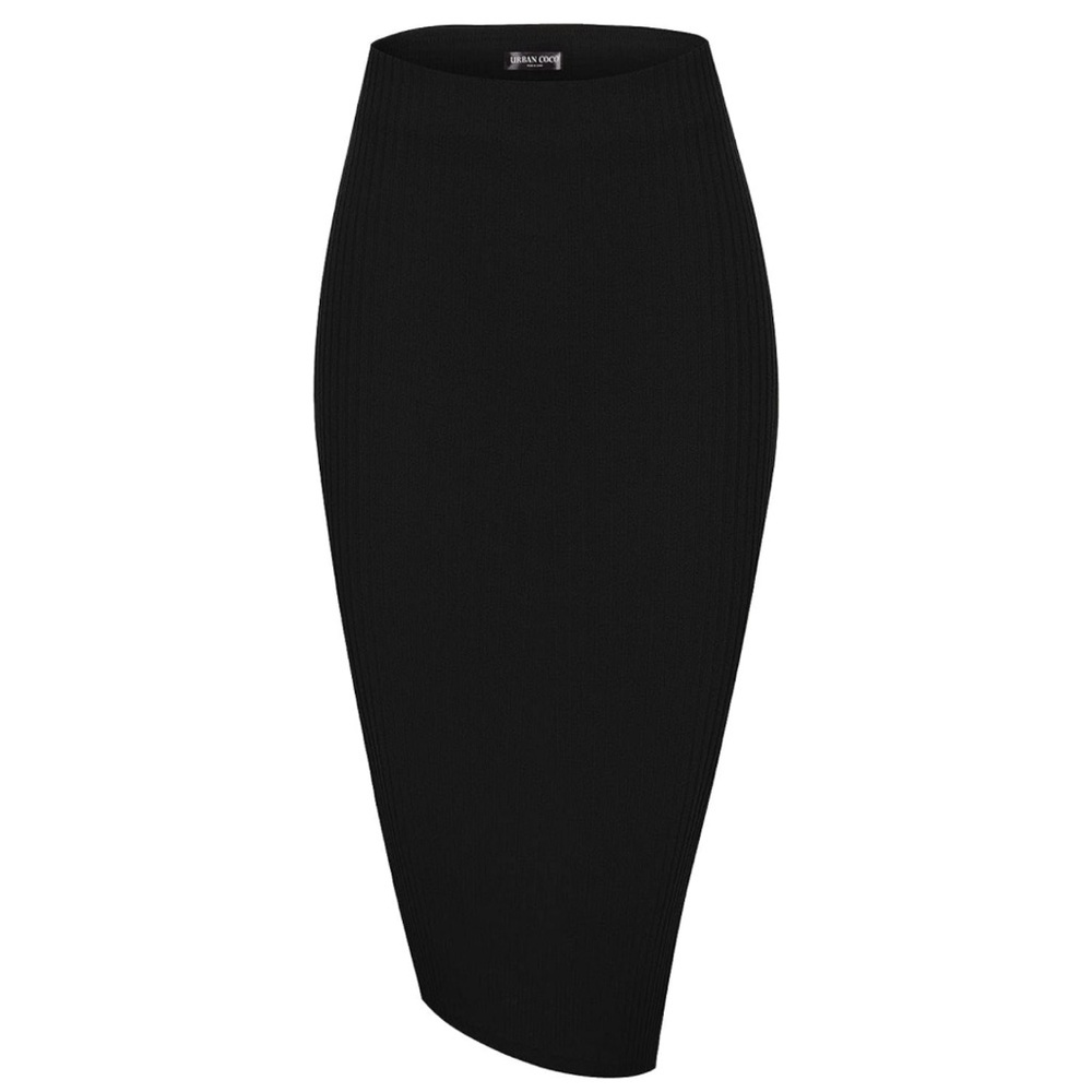 Urban CoCo High Waist Stretch Ribbed Knit Pencil Skirt Midi Side Slit Bodycon